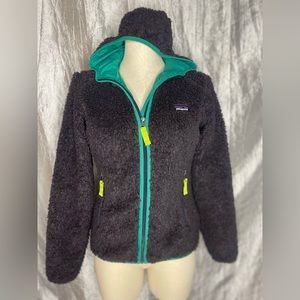 Patagonia Retro X fuzzy gray sherpa hoody jacket with teal liner